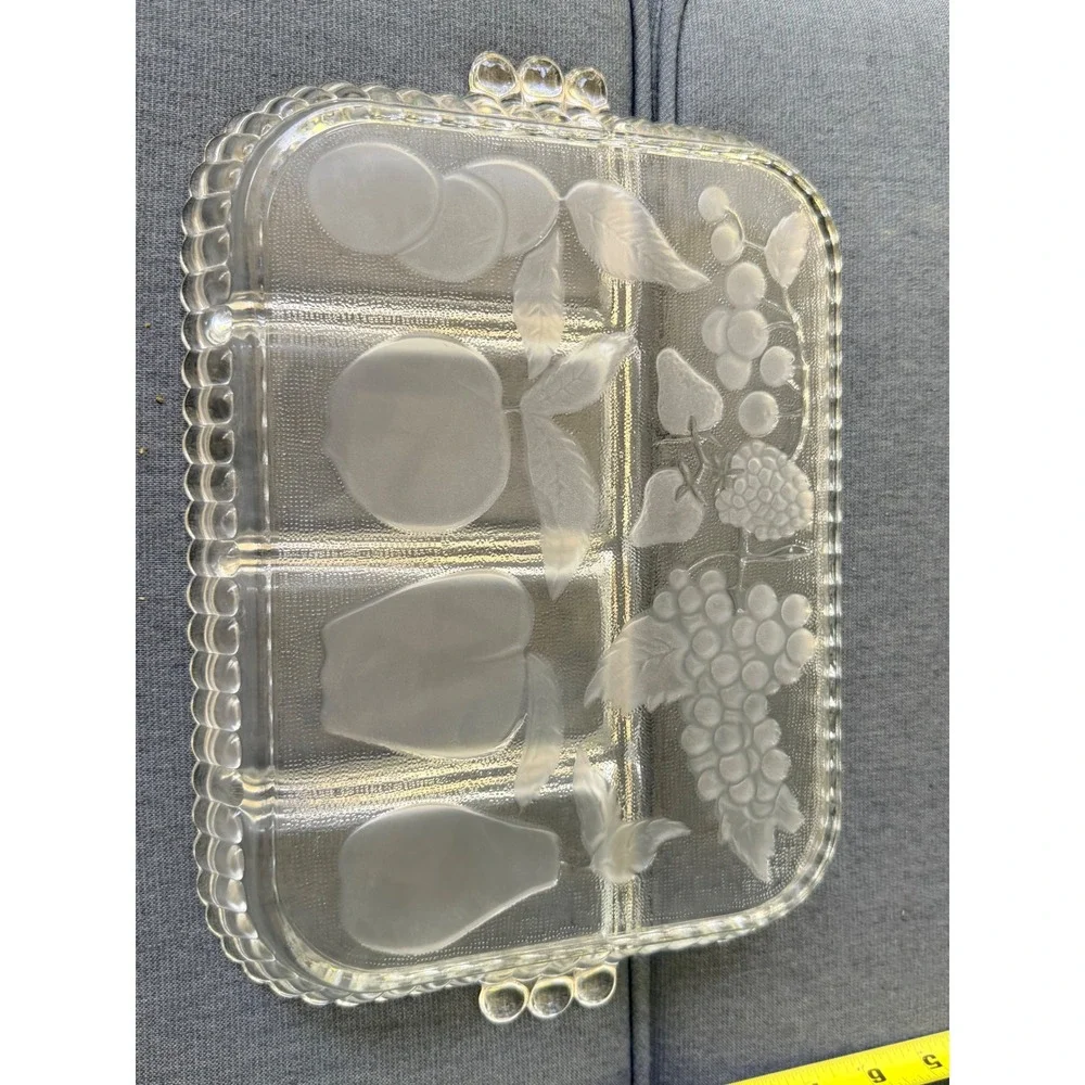 Satin‎ Frost Relish Tray Glass 12x9 Clear Excellent 5 Compartment Fruit Embossed